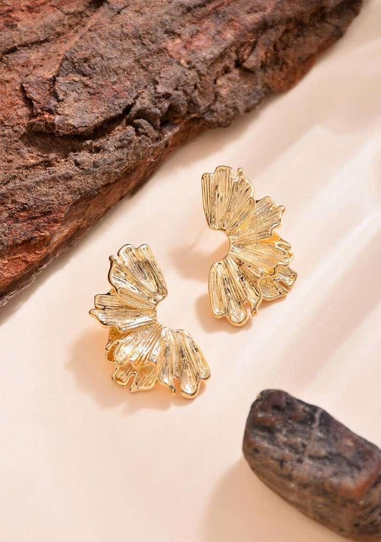 Gold Contemporary Feather Shaped Studs Earrings - Indya