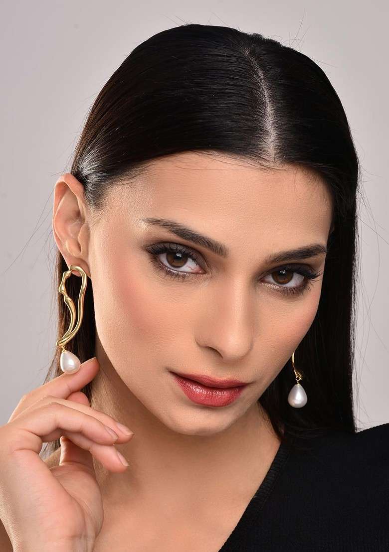 Gold Contemporary Leaf Shaped Drop Earrings - Indya