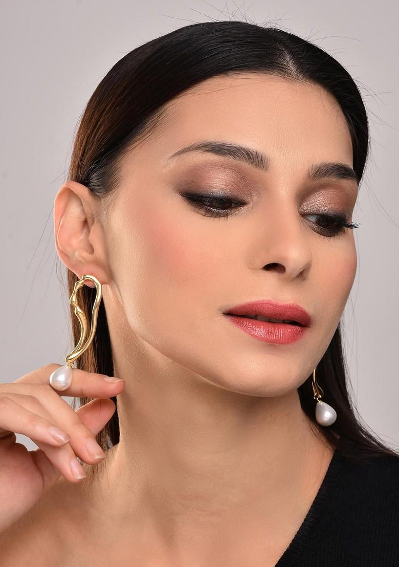 Gold Contemporary Leaf Shaped Drop Earrings