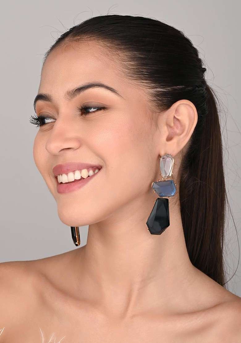 Gold Plated Artificial Stones Contemporary Shaped Drop Earrings - Indya
