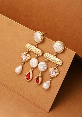Gold Plated Artificial Stones And Beads Contemporary Shaped Drop Earrings