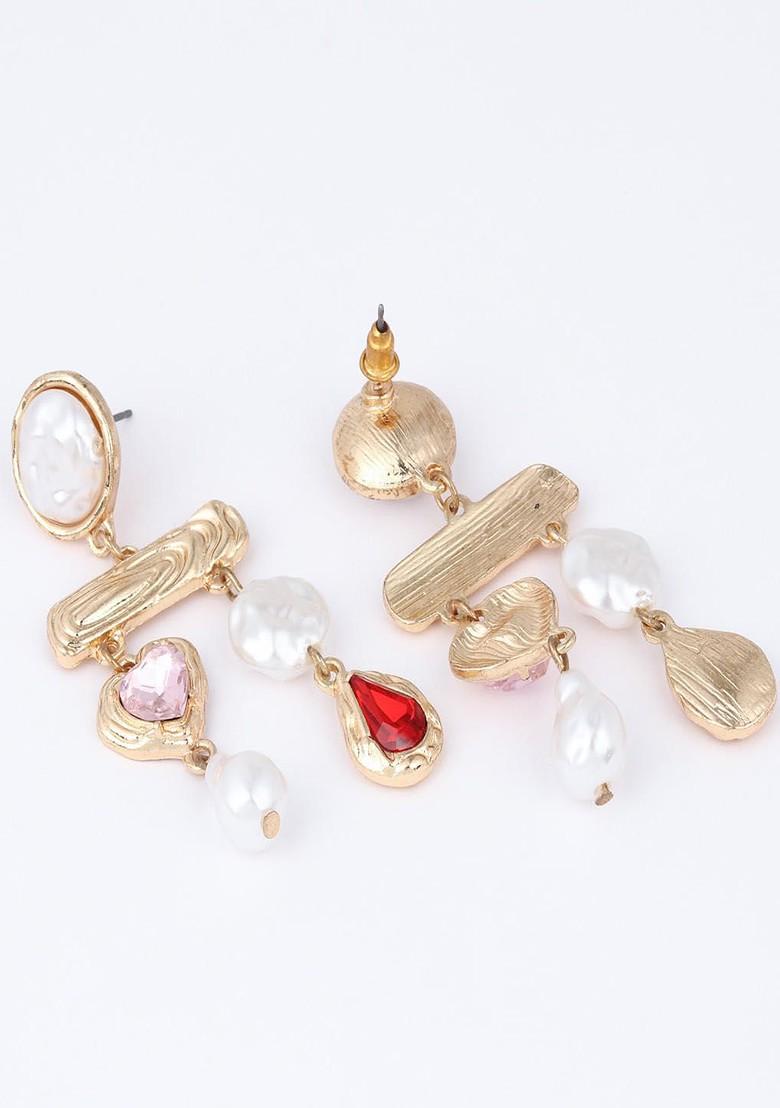 Gold Plated Artificial Stones And Beads Contemporary Shaped Drop Earrings