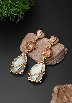 Gold Plated Artificial Stones Studded Teardrop Shaped Drop Earrings