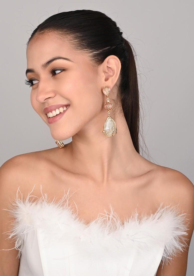 Gold Plated Artificial Stones Studded Teardrop Shaped Drop Earrings