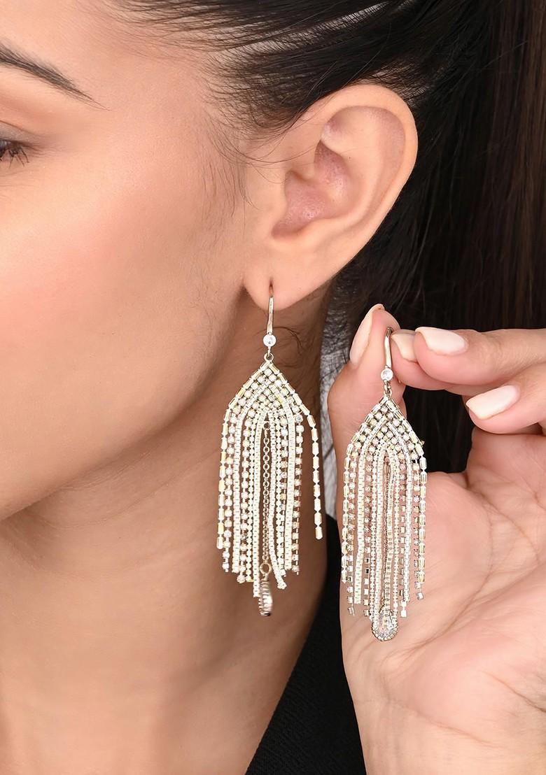 Silver Plated Artificial Stones Contemporary Shaped Drop Earrings