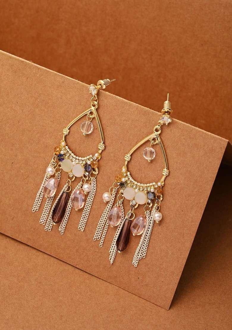 Gold Plated Artificial Stones And Beads Contemporary Shaped Drop Earrings - Indya