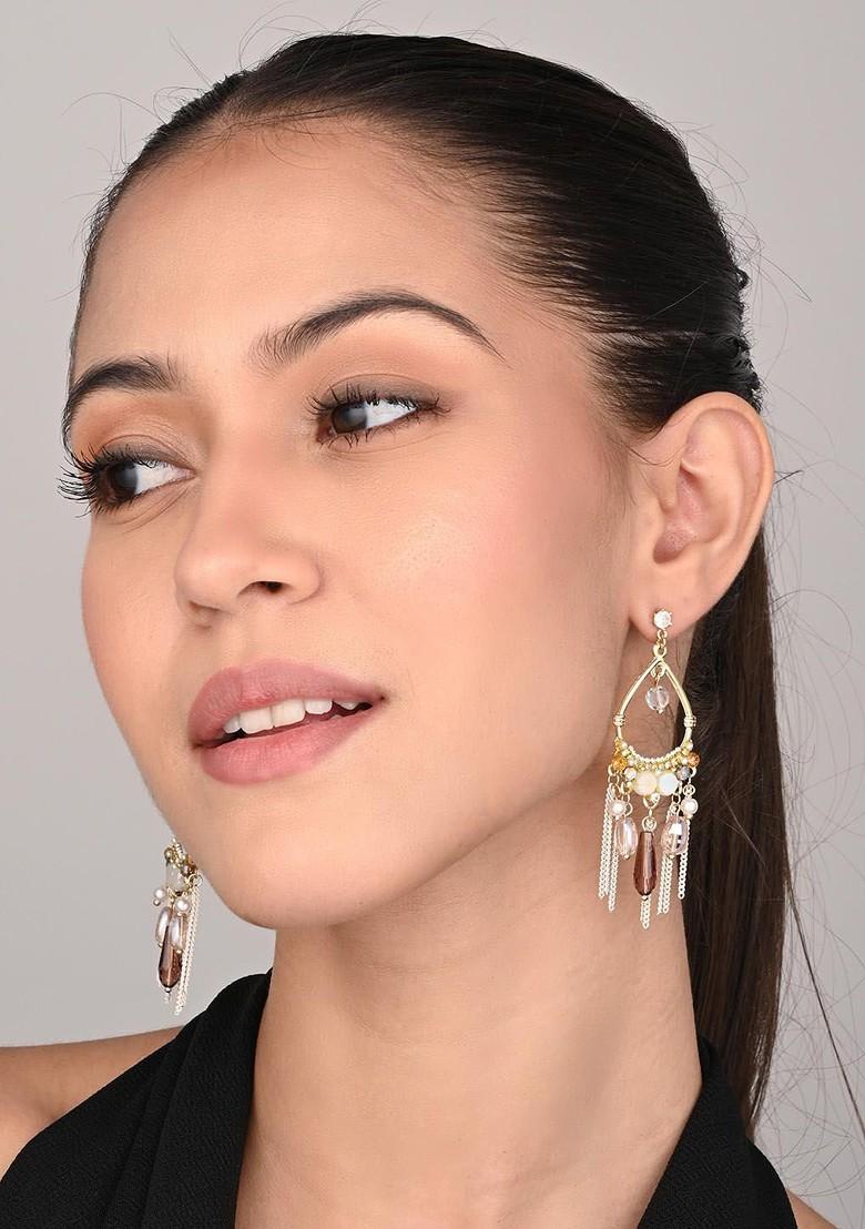Gold Plated Artificial Stones And Beads Contemporary Shaped Drop Earrings