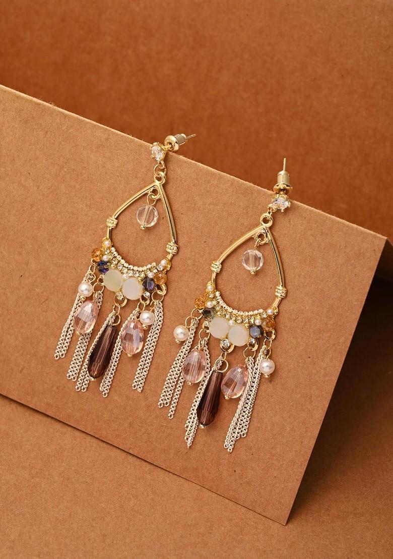 Gold Plated Artificial Stones And Beads Contemporary Shaped Drop Earrings