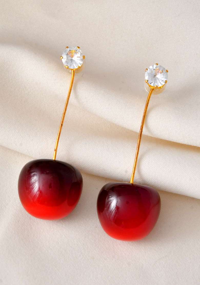 Gold And Tone Cherry Drop Earrings With Crystal Studs For Women - Indya