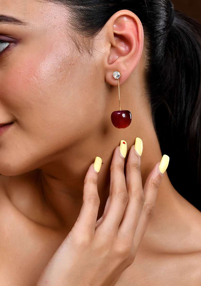 Gold And Tone Cherry Drop Earrings With Crystal Studs For Women - Indya