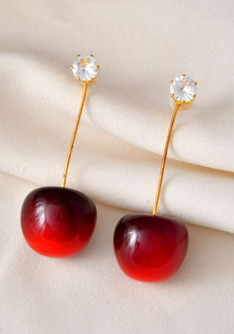 Gold And Tone Cherry Drop Earrings With Crystal Studs For Women