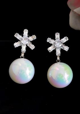 White Opal Look Beaded Dangler Earrings With Diamond Studs