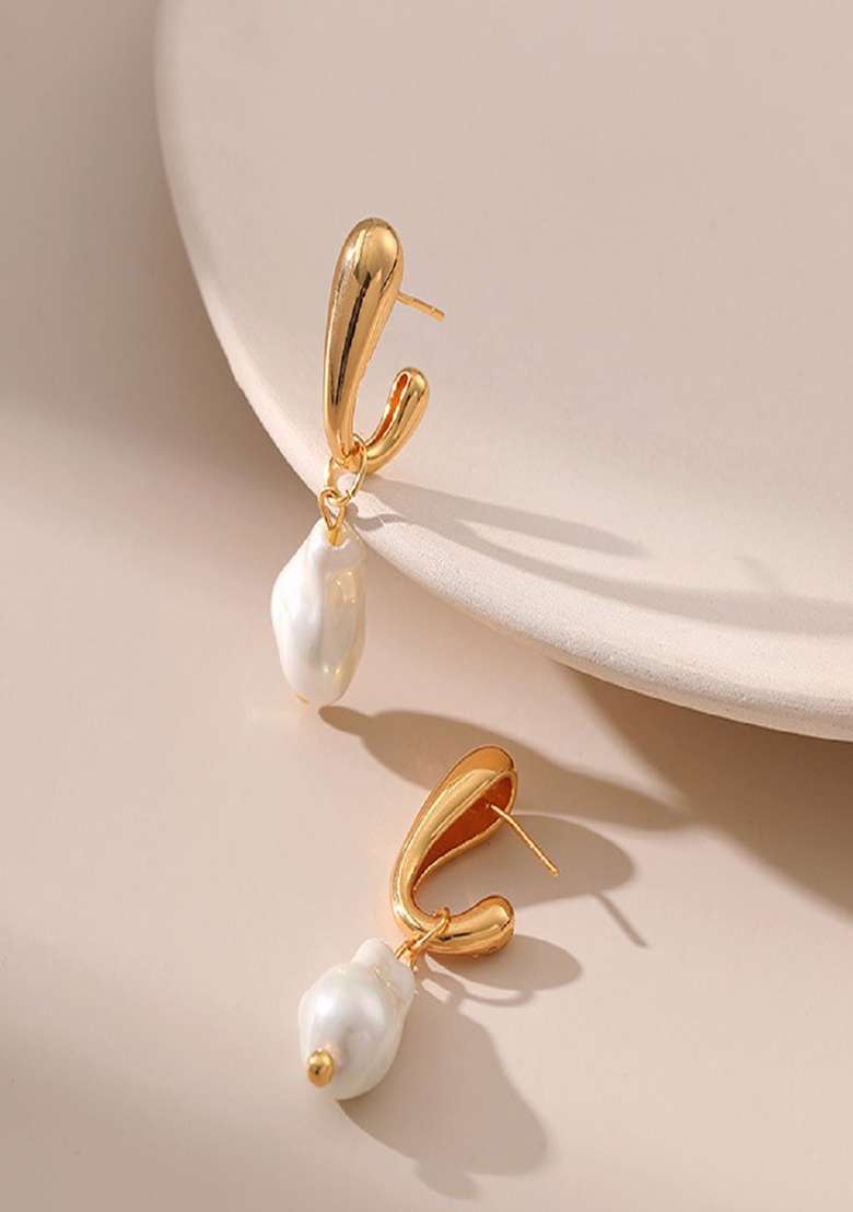 18K Gold Plated Waterproof Antitarnish Baroque Style Pearl Drop Earrings - Indya