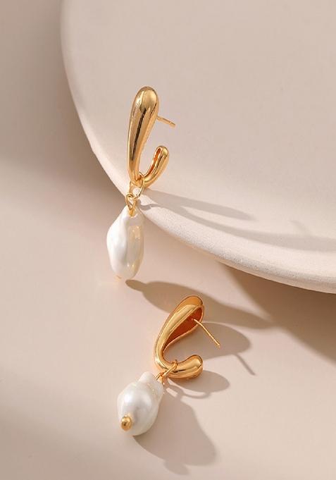 18K Gold Plated Waterproof Antitarnish Baroque Style Pearl Drop Earrings
