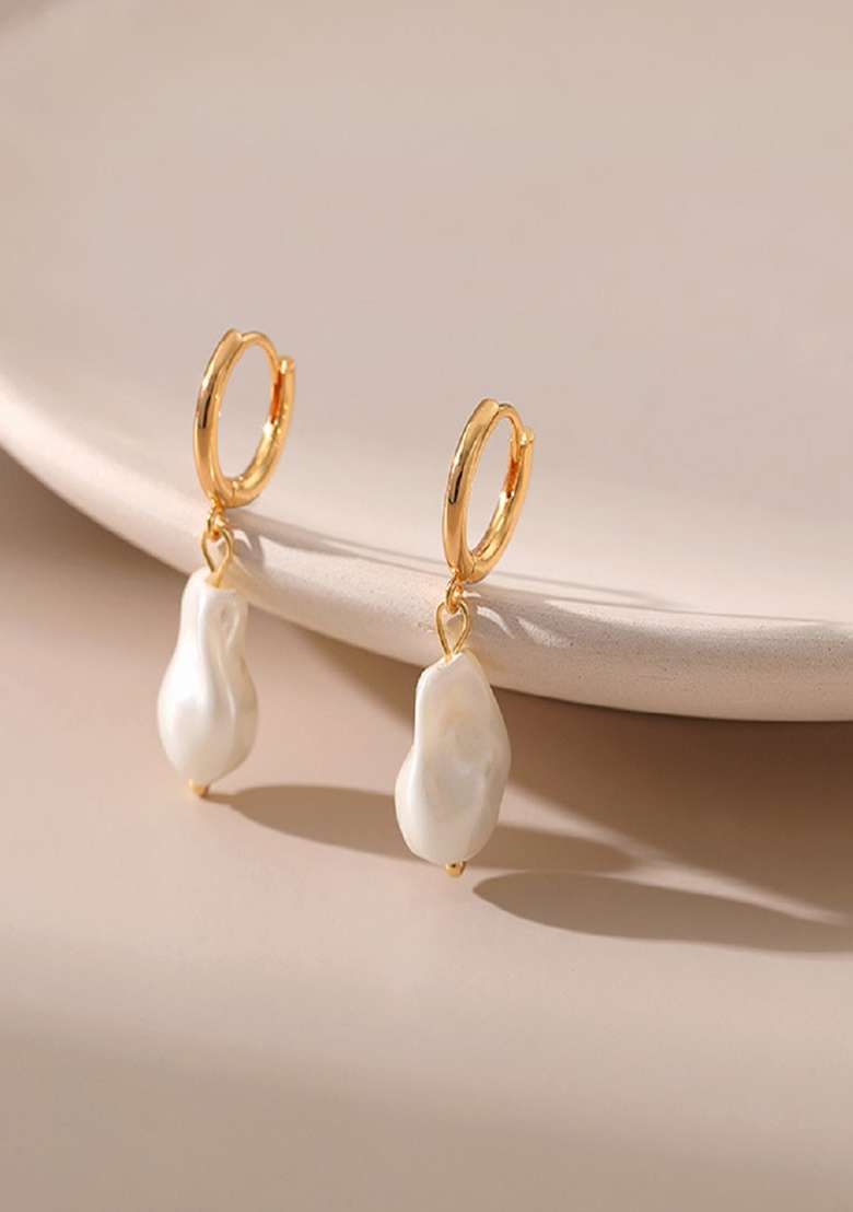 18K Gold Plated Waterproof Antitarnish Baroque Style Pearl Drop Huggie Earrings - Indya