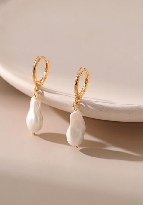 18K Gold Plated Waterproof Antitarnish Baroque Style Pearl Drop Huggie Earrings