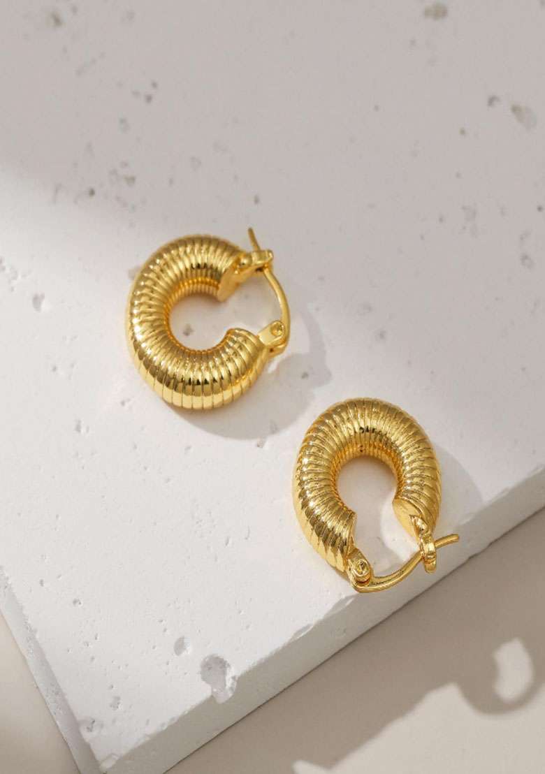 18K Gold Plated Waterproof Antitarnish Textured Small Hoop Earrings - Indya