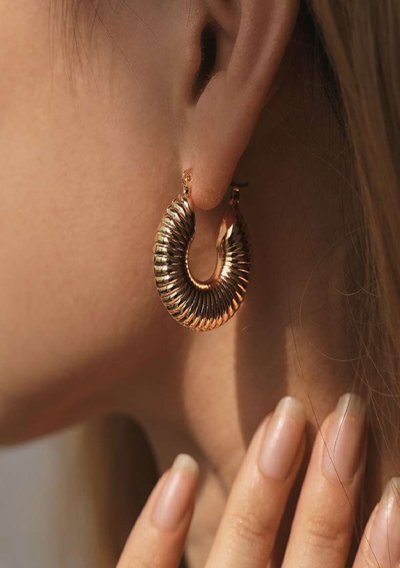 18K Gold Plated Waterproof Antitarnish Textured Big Hoop Earrings - Indya