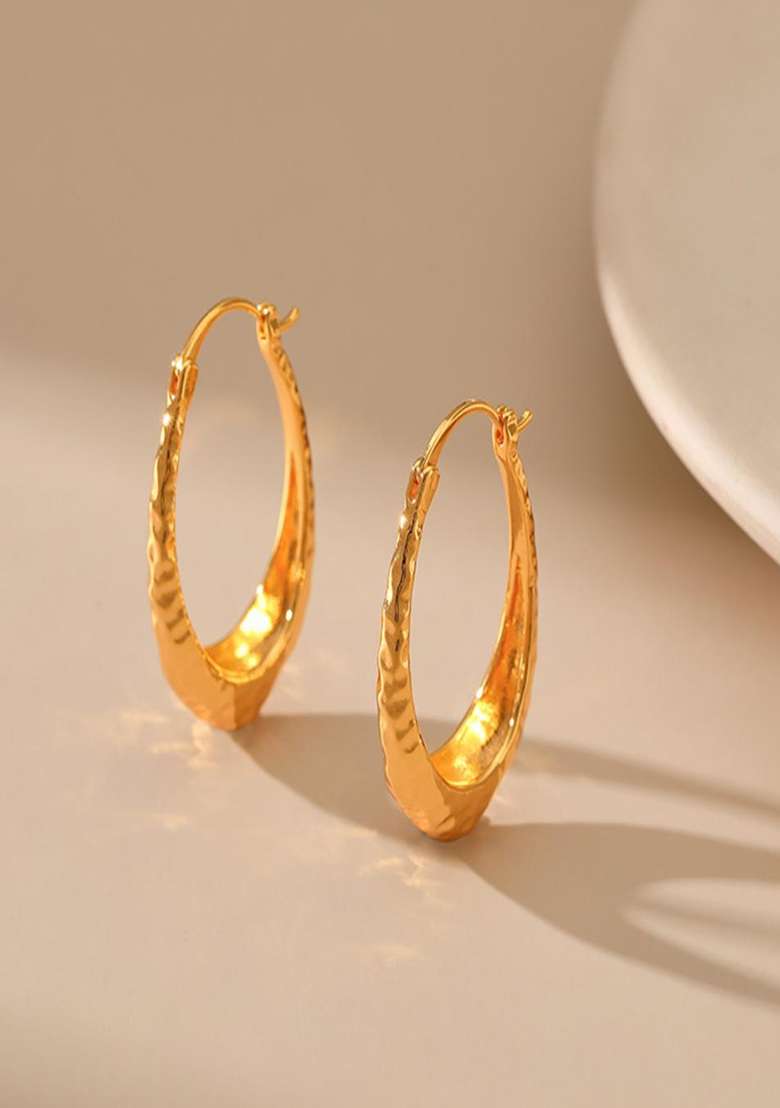 18K Gold Plated Waterproof Antitarnish Textured Thin Hoop Earrings - Indya