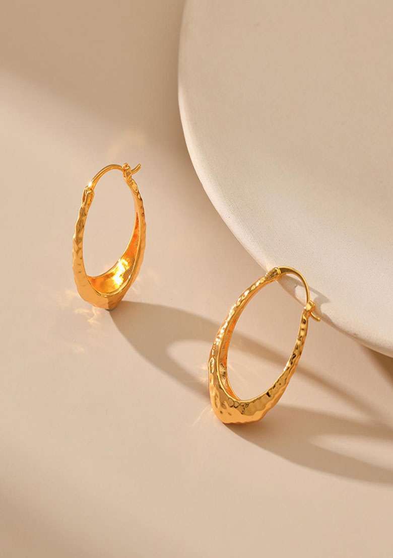18K Gold Plated Waterproof Antitarnish Textured Thin Hoop Earrings - Indya