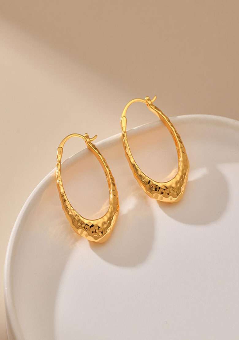 18K Gold Plated Waterproof Antitarnish Textured Thin Hoop Earrings - Indya