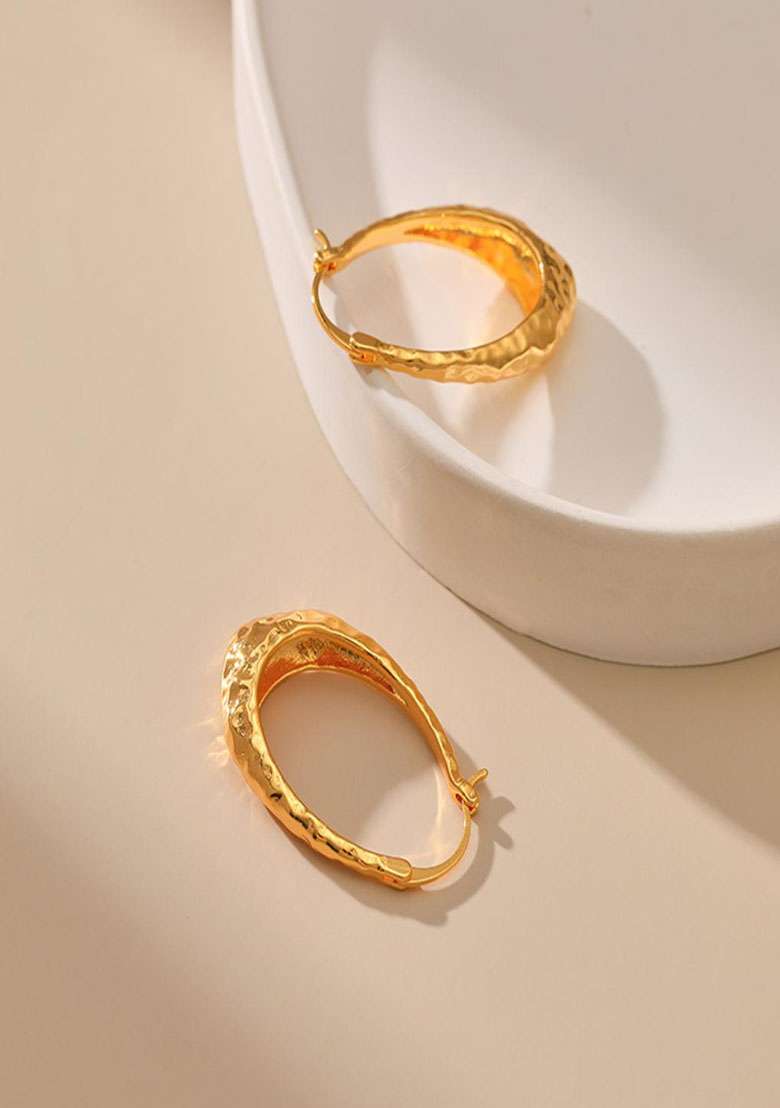 18K Gold Plated Waterproof Antitarnish Textured Thin Hoop Earrings - Indya