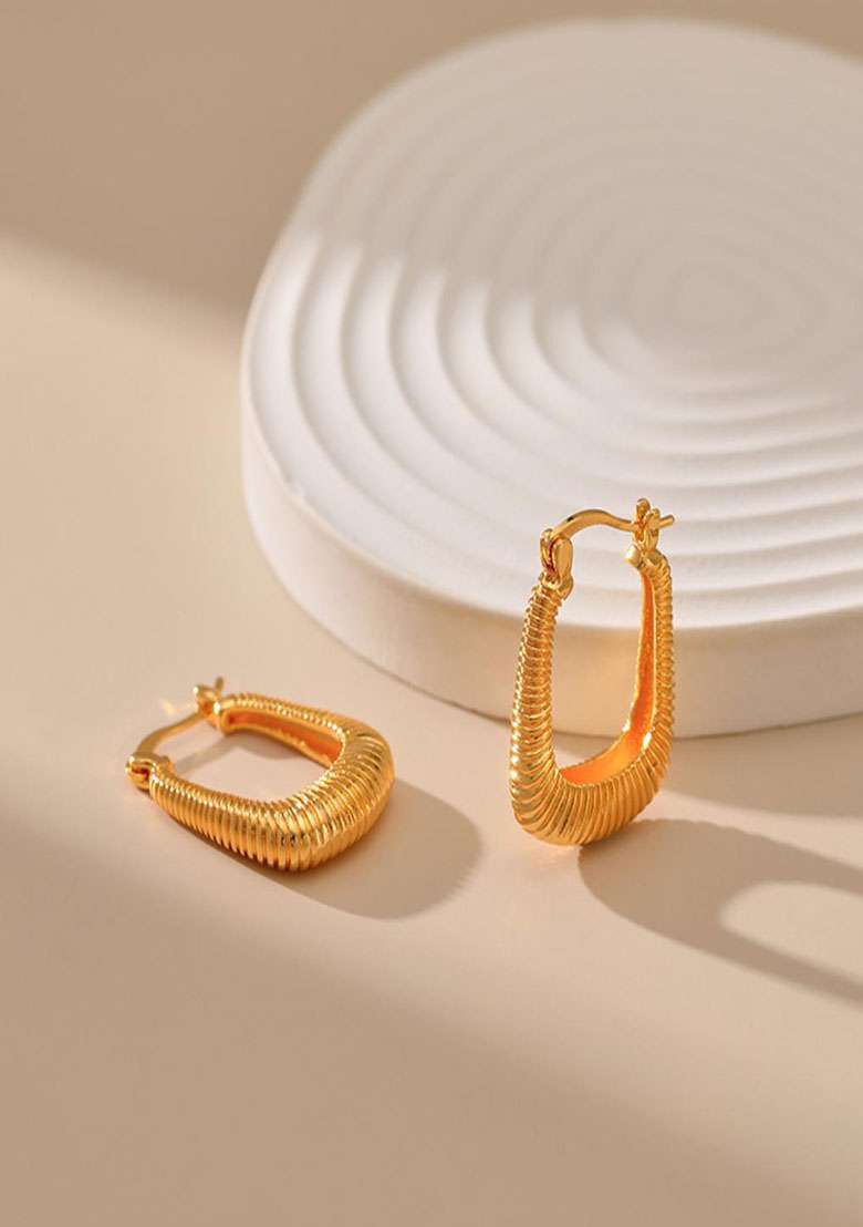 18K Gold Plated Waterproof Antitarnish Square Shaped Textured Hoop Earrings - Indya