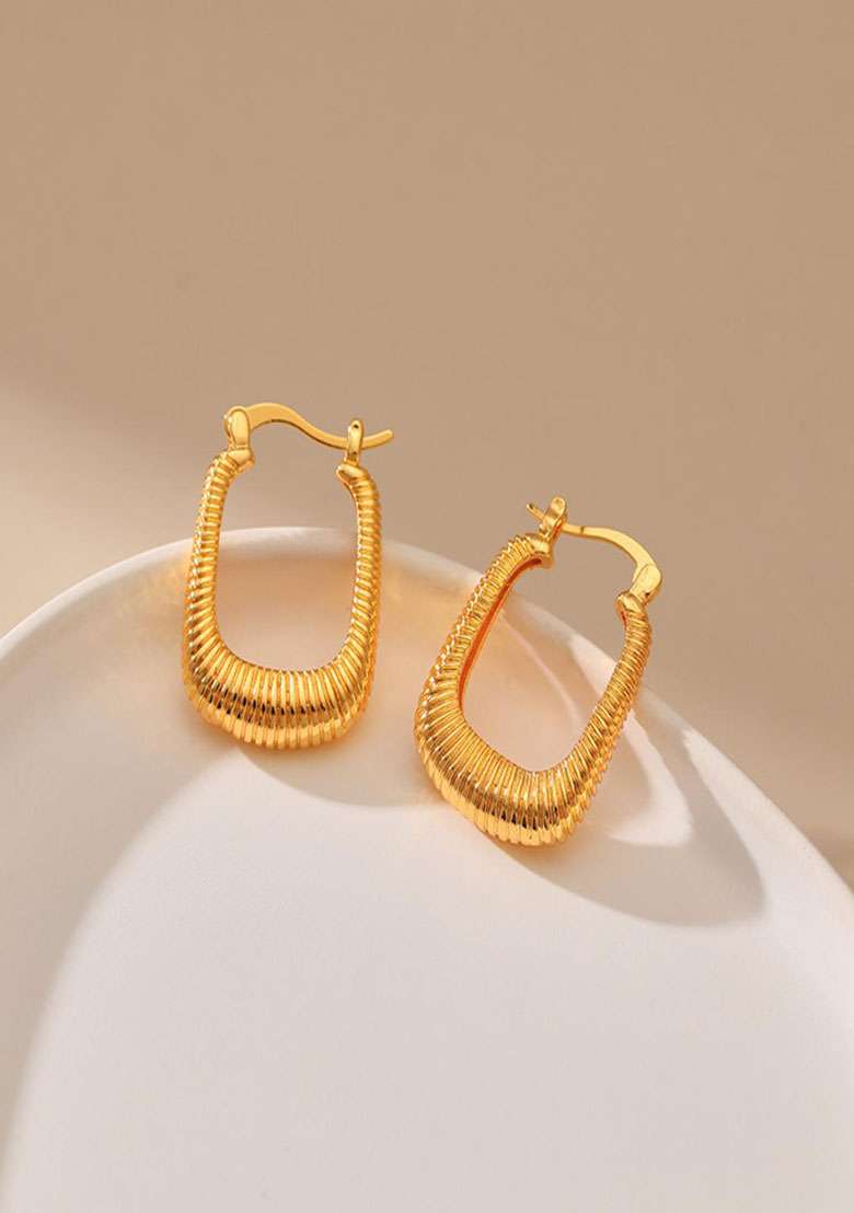 18K Gold Plated Waterproof Antitarnish Square Shaped Textured Hoop Earrings - Indya