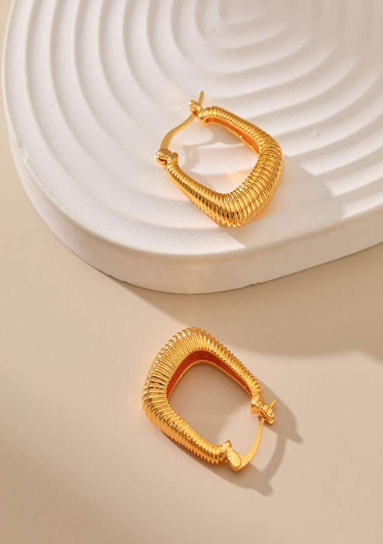 18K Gold Plated Waterproof Antitarnish Square Shaped Textured Hoop Earrings - Indya