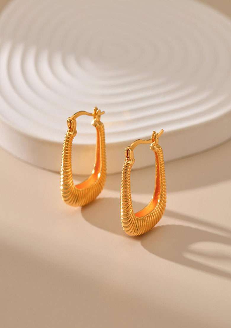 18K Gold Plated Waterproof Antitarnish Square Shaped Textured Hoop Earrings - Indya