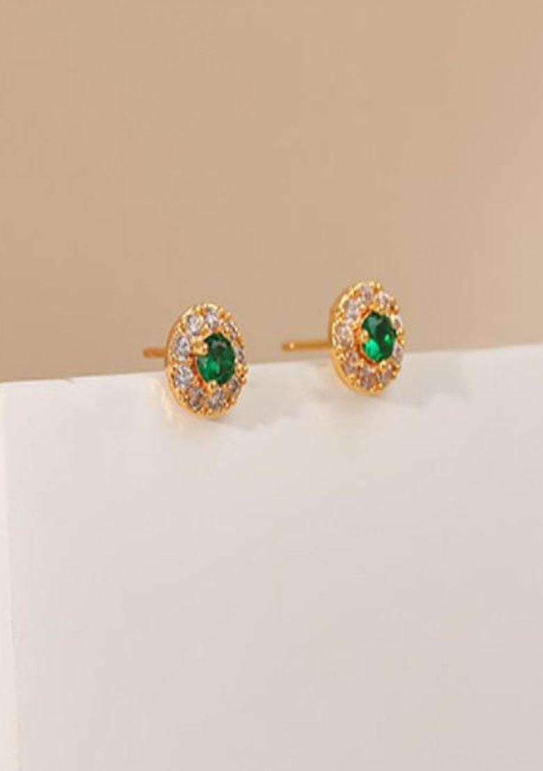 18K Gold Plated Waterproof Antitarnish Emerald And White Zircon Stud Earrings