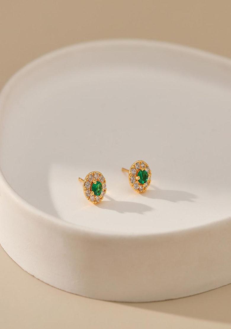 18K Gold Plated Waterproof Antitarnish Emerald And White Zircon Stud Earrings
