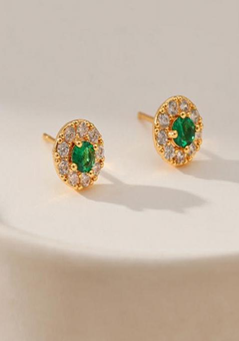 18K Gold Plated Waterproof Antitarnish Emerald And White Zircon Stud Earrings