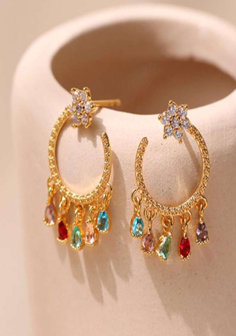 18K Gold Plated Waterproof Antitarnish Mutlicolor Zircon Drops Earrings - Indya