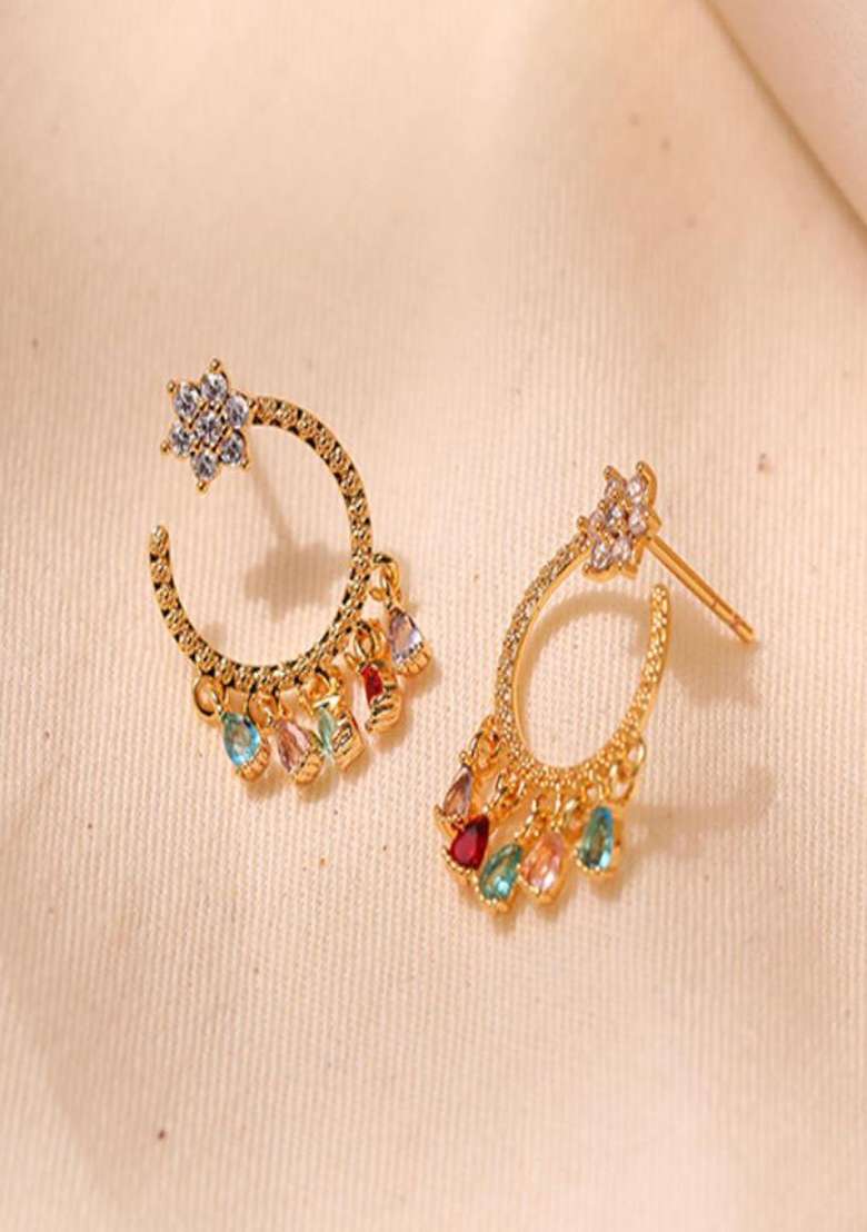 18K Gold Plated Waterproof Antitarnish Mutlicolor Zircon Drops Earrings - Indya