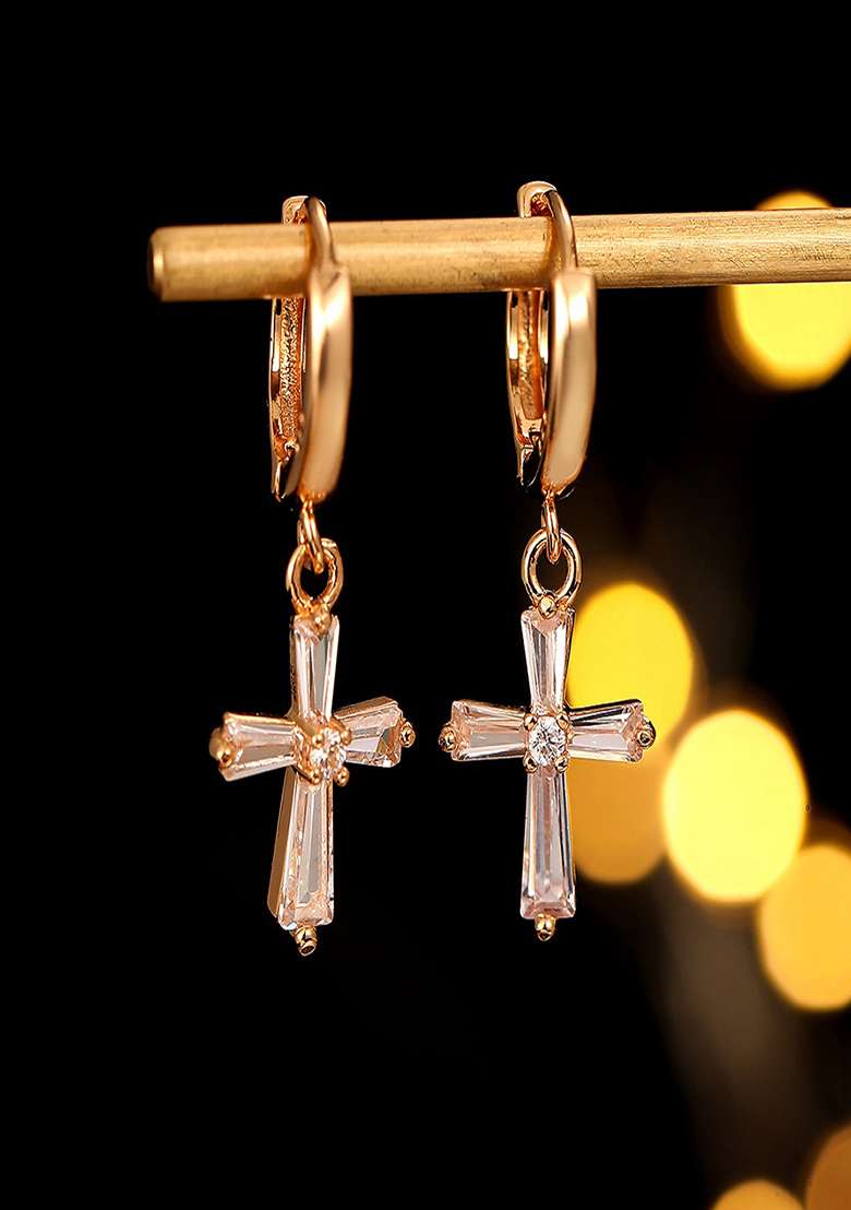 18K Gold Plated Waterproof Antitarnish Zircon Cross Drop Huggie Hoop Earrings - Indya