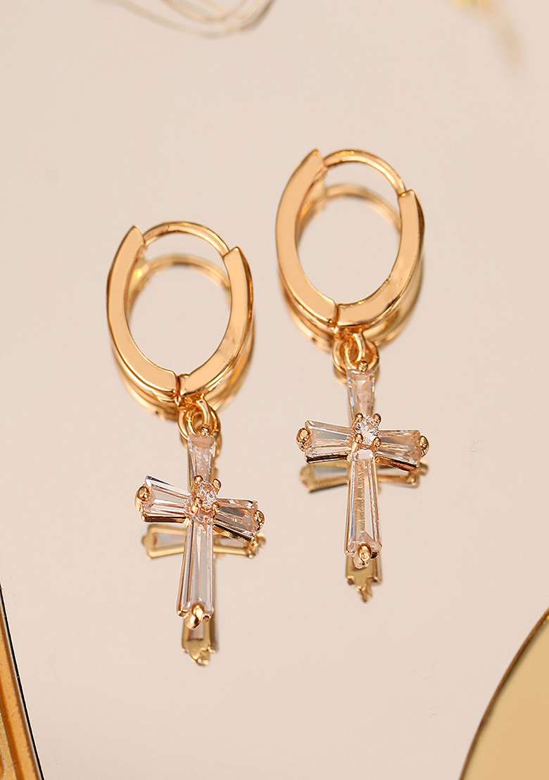 18K Gold Plated Waterproof Antitarnish Zircon Cross Drop Huggie Hoop Earrings - Indya