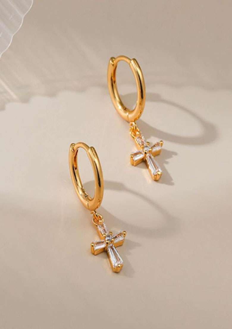 18K Gold Plated Waterproof Antitarnish Zircon Cross Drop Huggie Hoop Earrings - Indya
