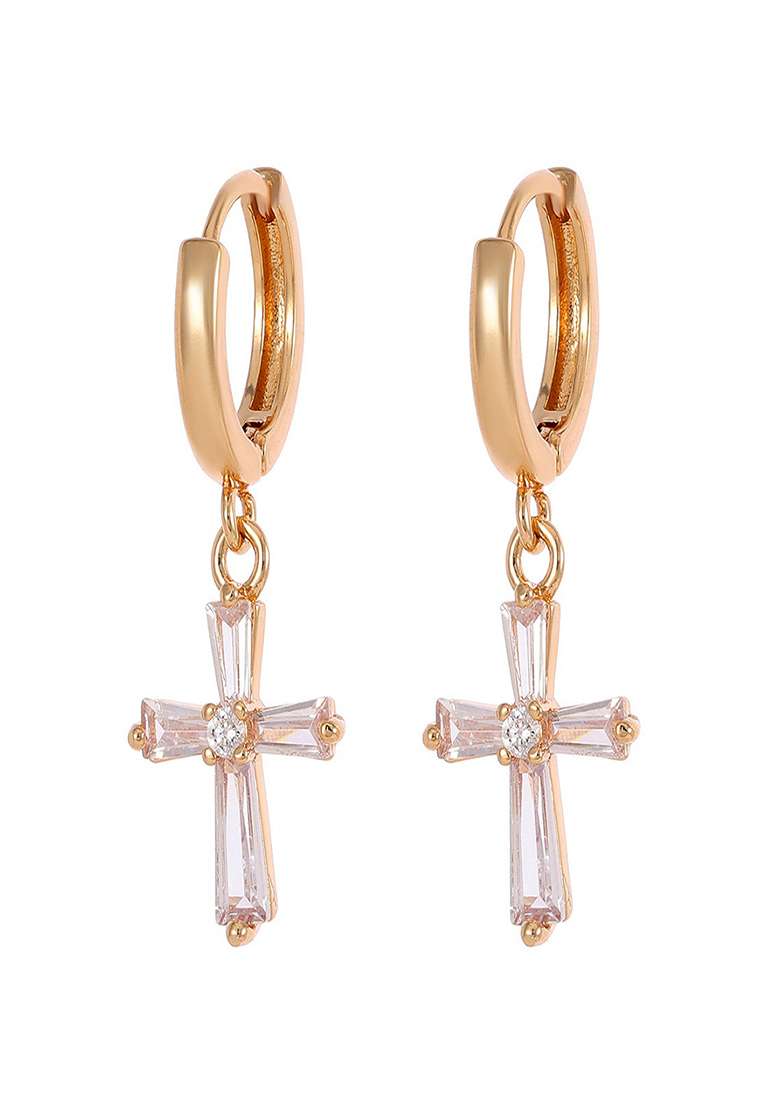18K Gold Plated Waterproof Antitarnish Zircon Cross Drop Huggie Hoop Earrings - Indya