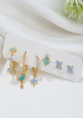 Set Of 6 18K Plated Antitarnish Blue Floral Earring Set For Single Ear Only