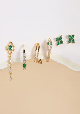 Set Of 6 18K Plated Anti Tarnish Green Snake Earring Set For Single Ear Only