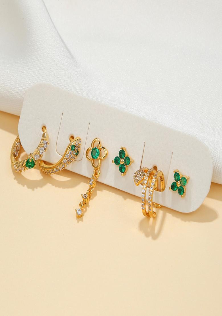 Set Of 6 18K Plated Anti Tarnish Green Snake Earring Set For Single Ear Only