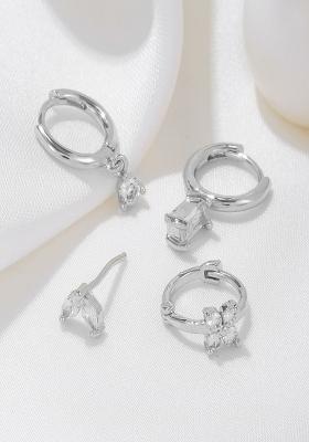 Set Of 4 18K Silver Plated Antitarnish Zircon Earring Set For Single Ear Only