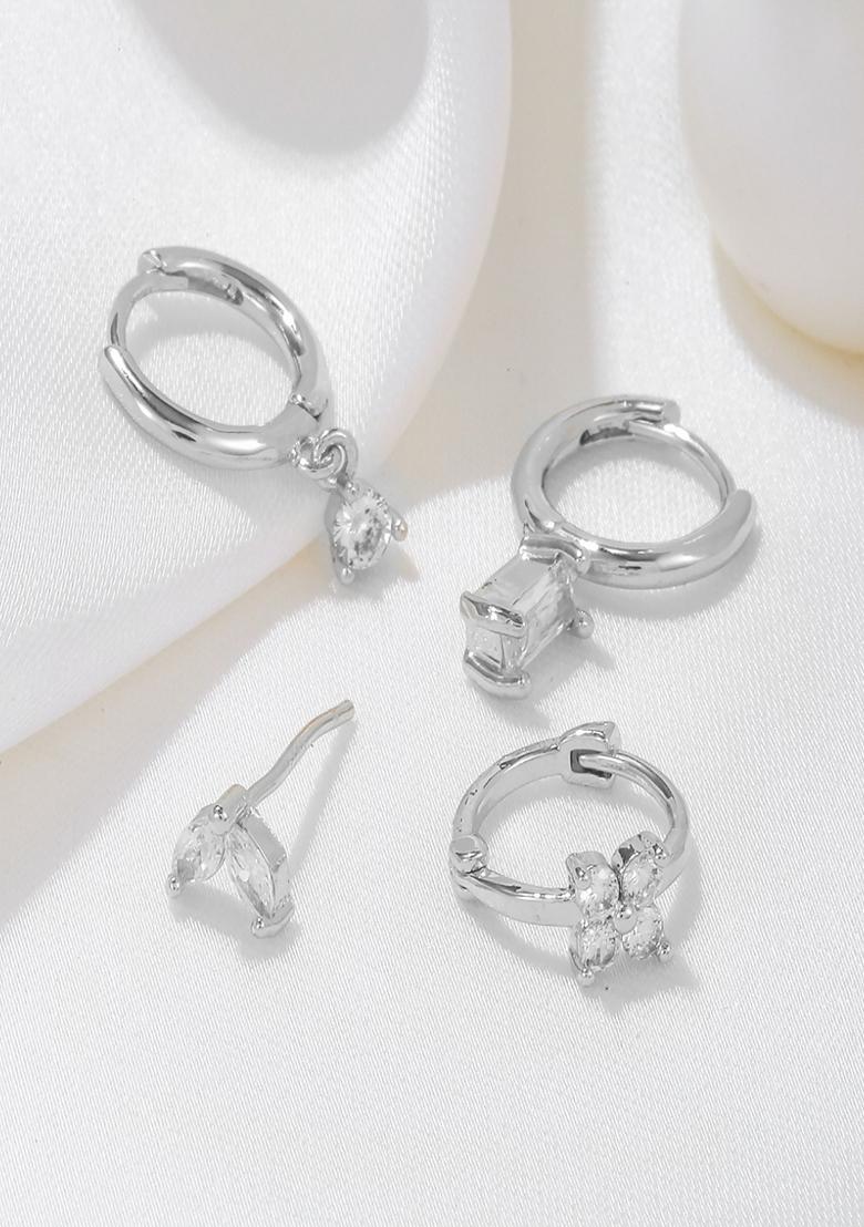 Set Of 4 18K Silver Plated Antitarnish Zircon Earring Set For Single Ear Only