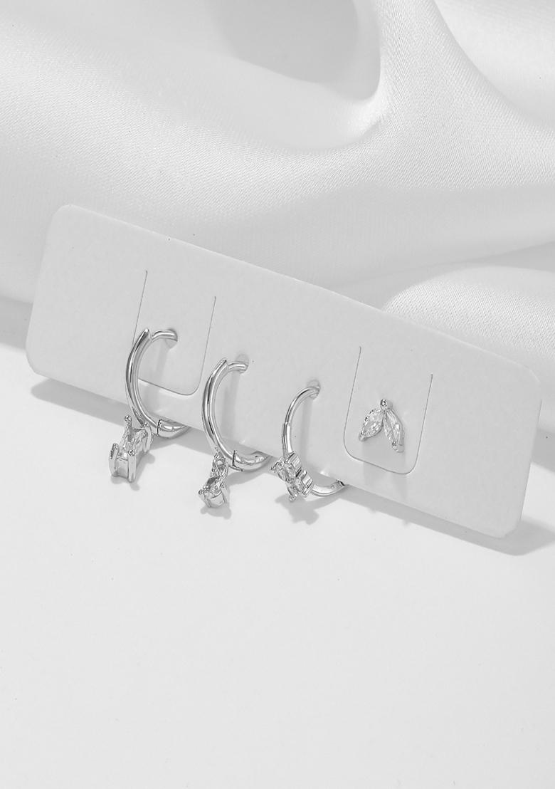 Set Of 4 18K Silver Plated Antitarnish Zircon Earring Set For Single Ear Only