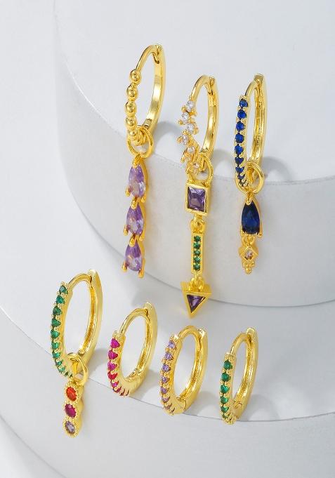 Set Of 7 18K Plated Antitarnish Multicolor Hoop Earring Set For Single Ear Only
