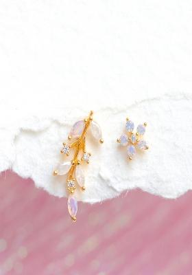 Set Of 2 18K Plated Anti Tarnish Pink Floral Earring Set For Single Ear Only