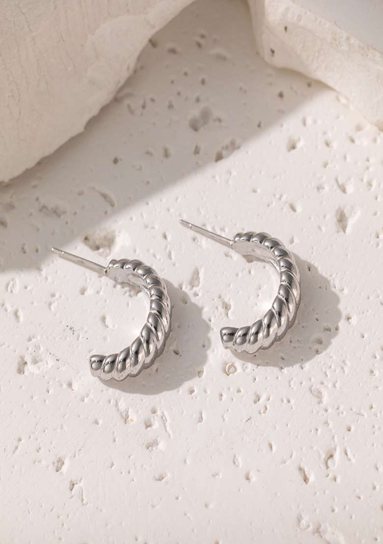 18K Silver Plated Waterproof Anti Tarnish Spiral Twisted Half Hoops - Indya