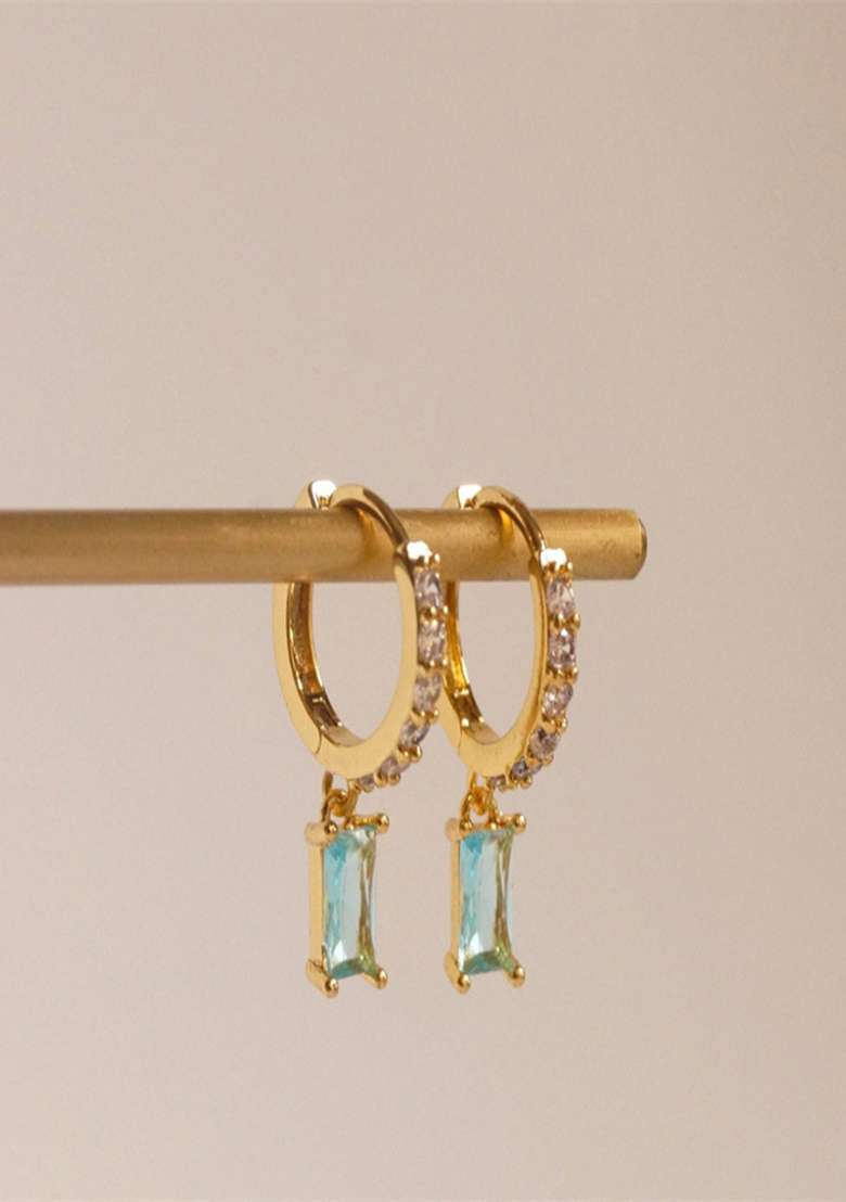 18K Gold Plated Waterproof Anti Tarnish Aqua Blue Zircon Drop Huggies - Indya