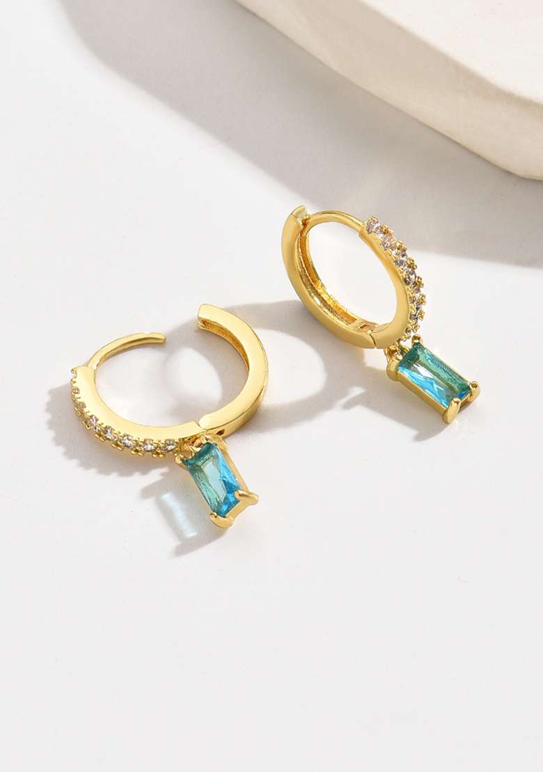 18K Gold Plated Waterproof Anti Tarnish Aqua Blue Zircon Drop Huggies - Indya